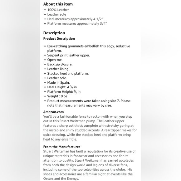 Stuart Weitzman Women's Airforce Snakeskin Heels size 7 1/5 - Picture 10 of 10